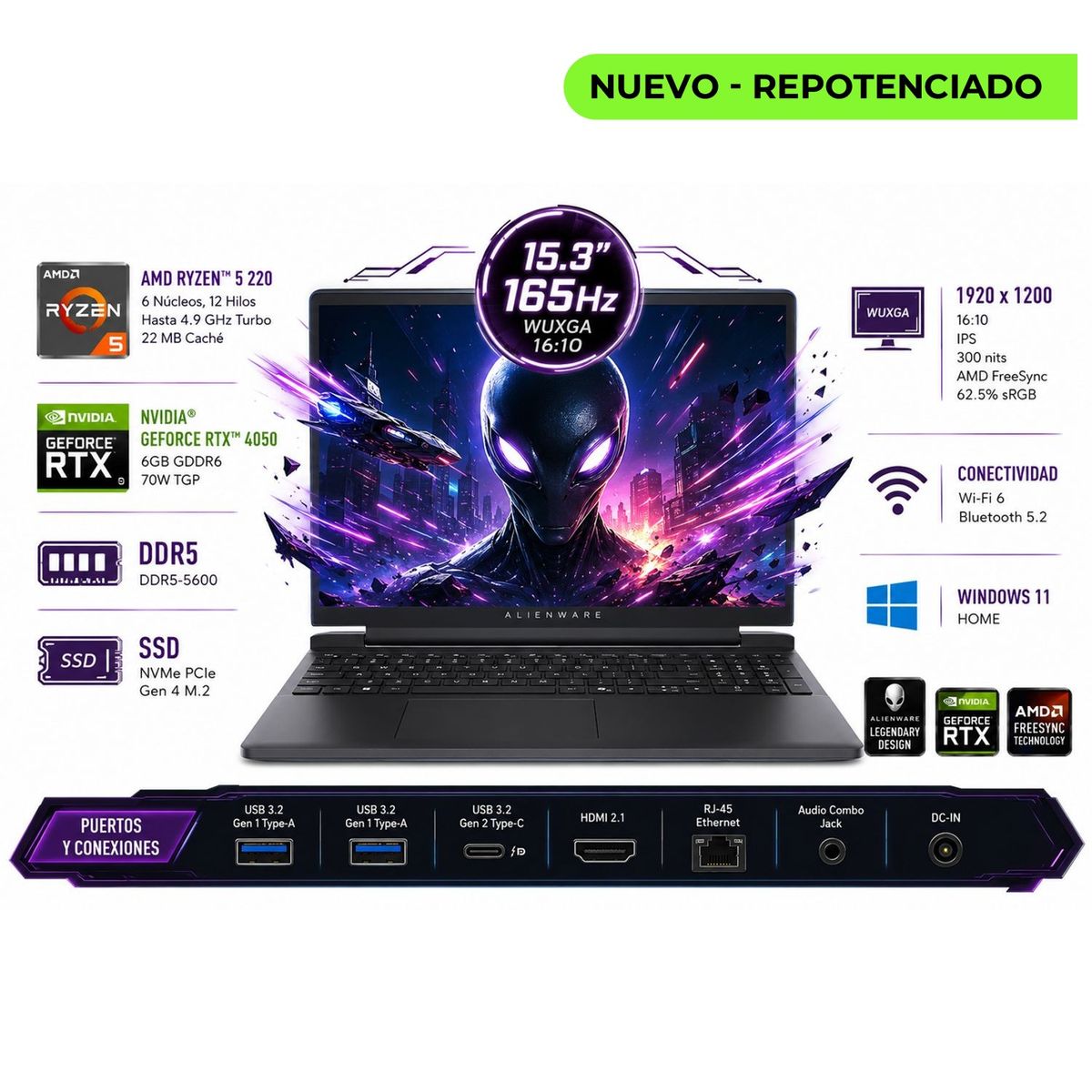 DELL - Portátil Gamer Dell Alienware 15 DA15265 AMD Ryzen 5 220 RAM 16GB SSD 1 TB RTX 4050 6 GB 165Hz