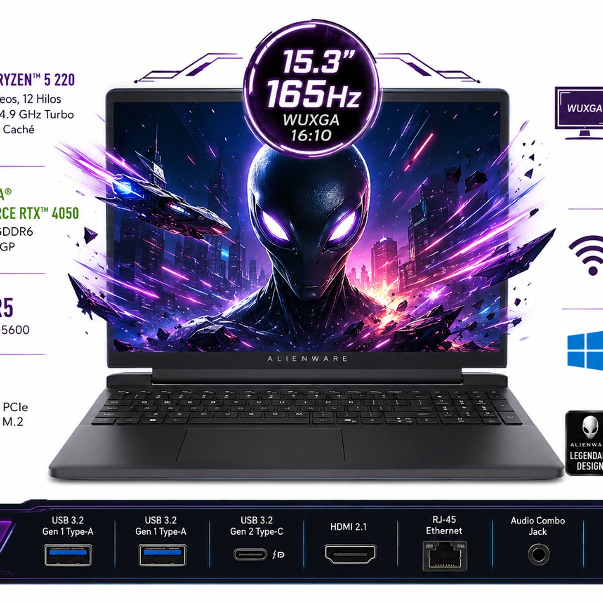 DELL - Portátil Gamer Dell Alienware 15 DA15265 AMD Ryzen 5 220 RAM 40GB SSD 256 GB RTX 4050 6 GB 165Hz