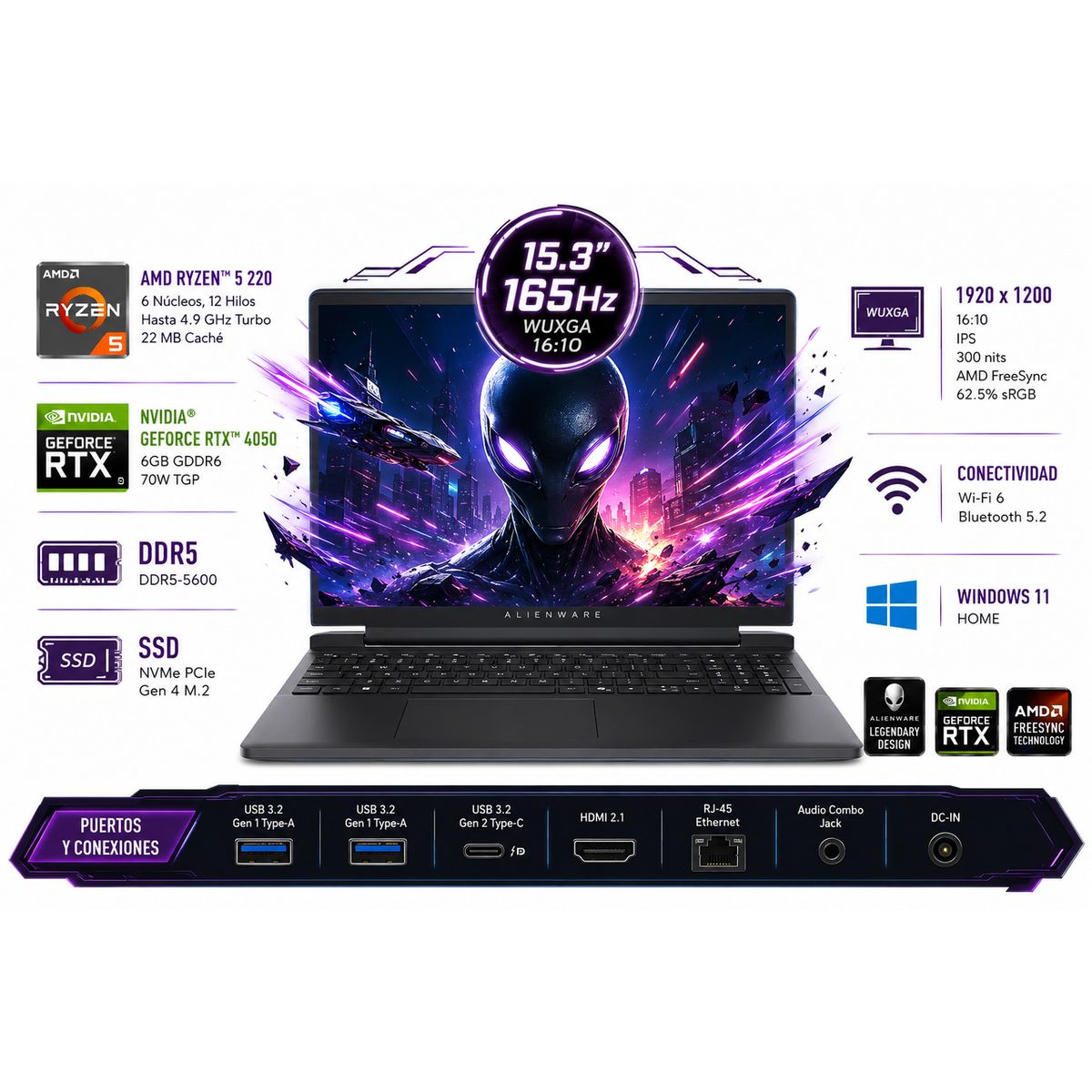 DELL - Portátil Gamer Dell Alienware 15 DA15265 AMD Ryzen 5 220 RAM 48GB SSD 512 GB RTX 4050 6 GB 165Hz
