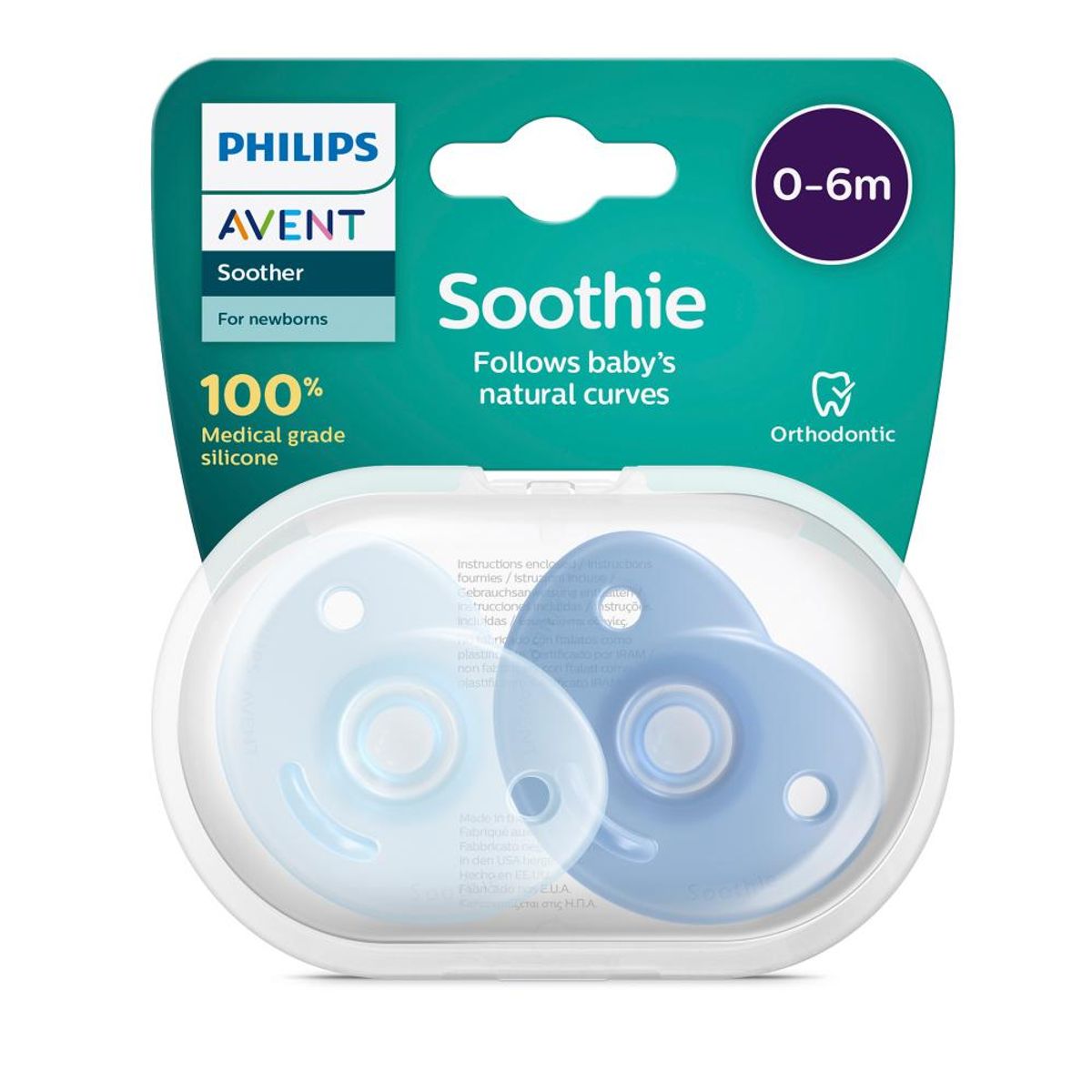 PHILIPS AVENT - Chupo de Entretención de Silicona Médica Curvo Ortodóntico Azul 0 A 6 Meses