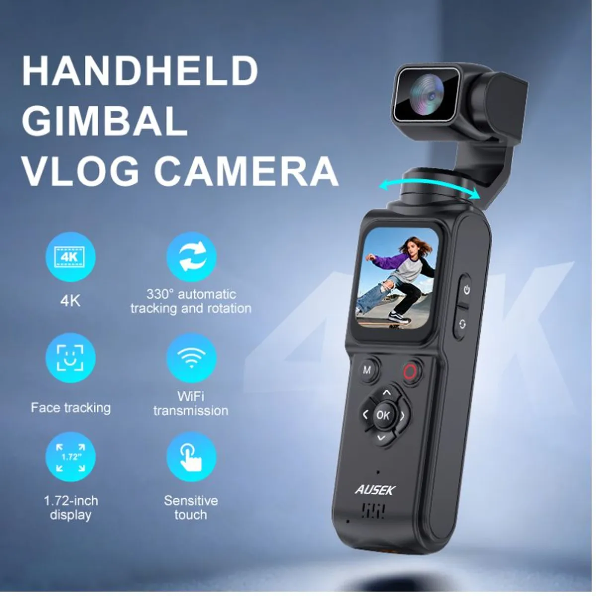 GENERICO - Cámara de Acción Vlogging 4K 64MP WiFi Pantalla Táctil 1.72″ 256GB Lente Gir 330° Seguimiento Facial