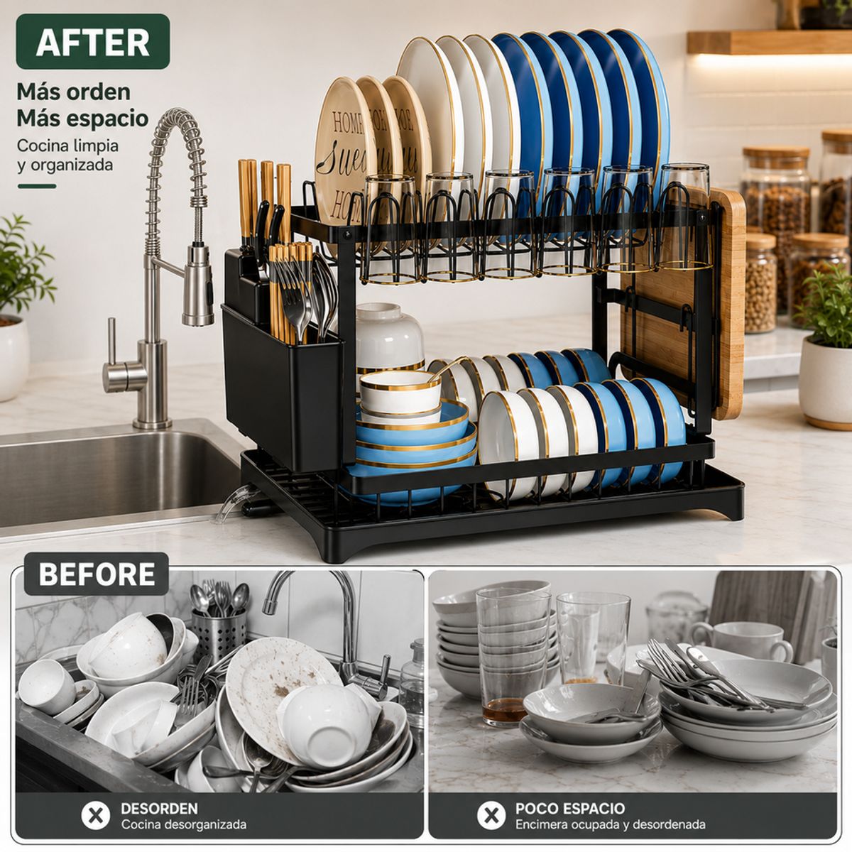 RENAHOUSE - Escurridor Zebbris Platos 2 Niveles Multifuncional Organiza Negro