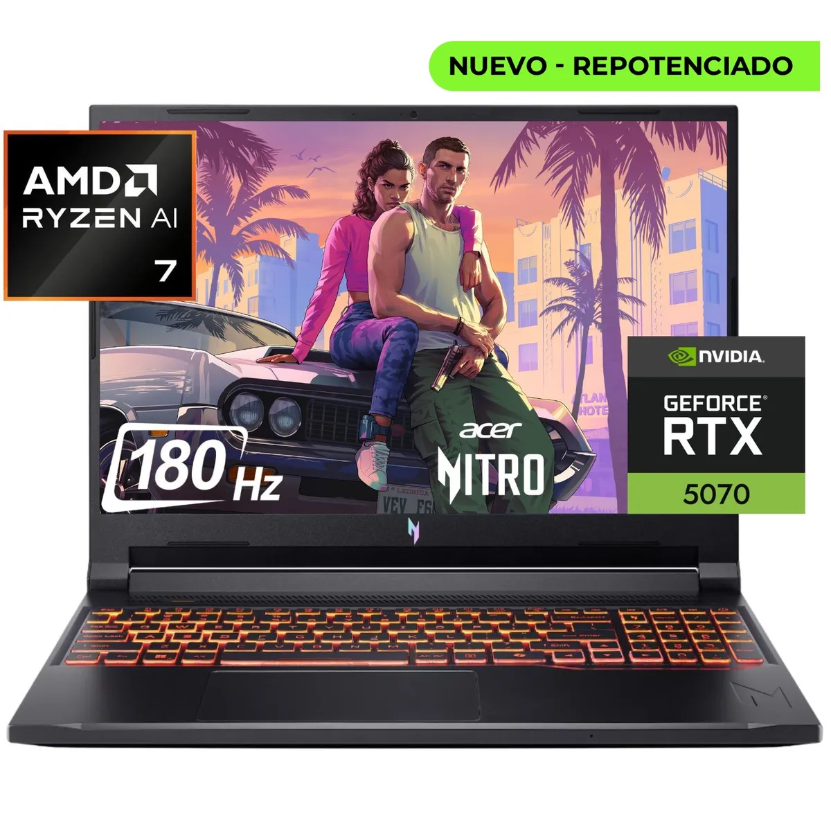 ACER - PORTÁTIL GAMER ACER NITRO V 16 AI - RYZEN 7 - RTX 5070 8GB - 16GB RAM - 2TB SSD - 16" WUXGA 180 Hz