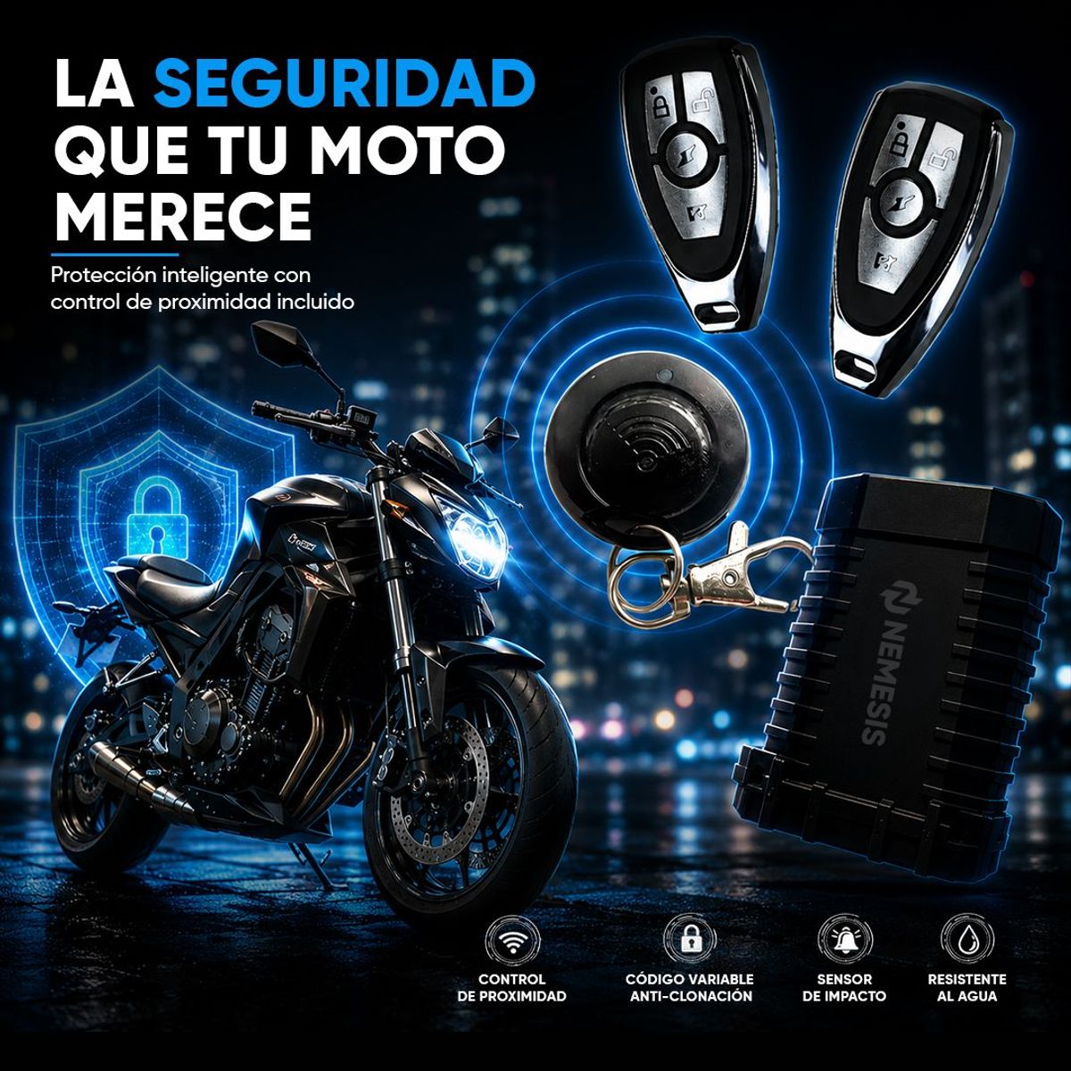 NEMESIS - Alarma para Moto Nemesis M70 -Proximidad  Antiatraco  Cortacorriente  Sensor de Impacto  2 Controles