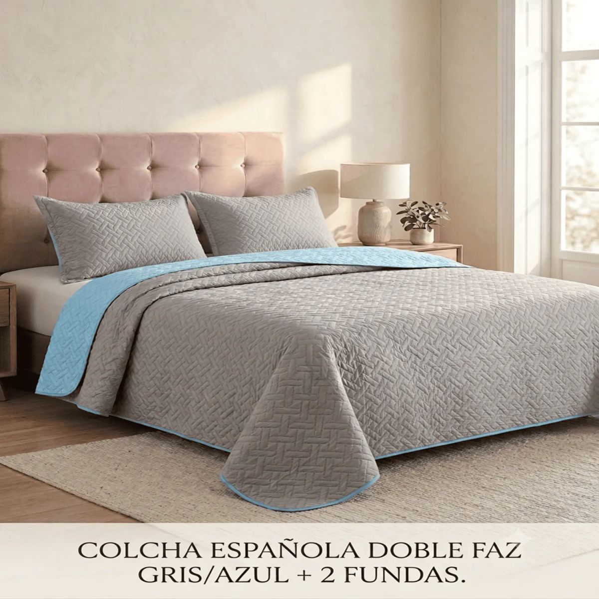 HARMONY HOME - Colcha Española Doble Faz (Gris / Azul Claro) + 2 Fundas