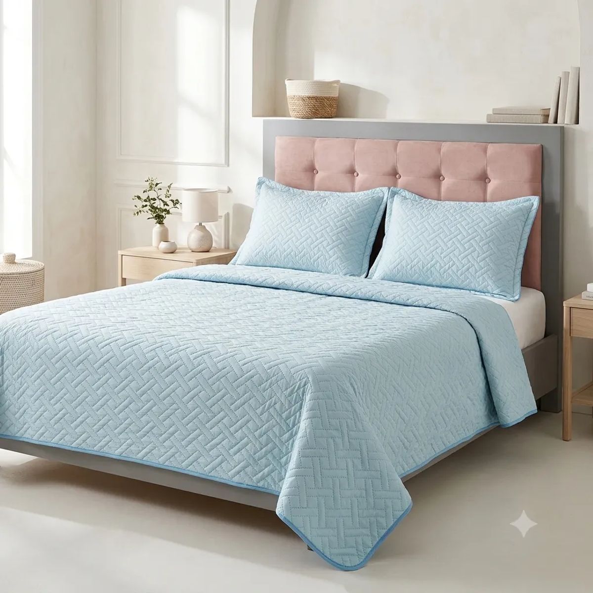HARMONY HOME - Colcha Española Doble Faz (Gris / Azul Claro) + 2 Fundas