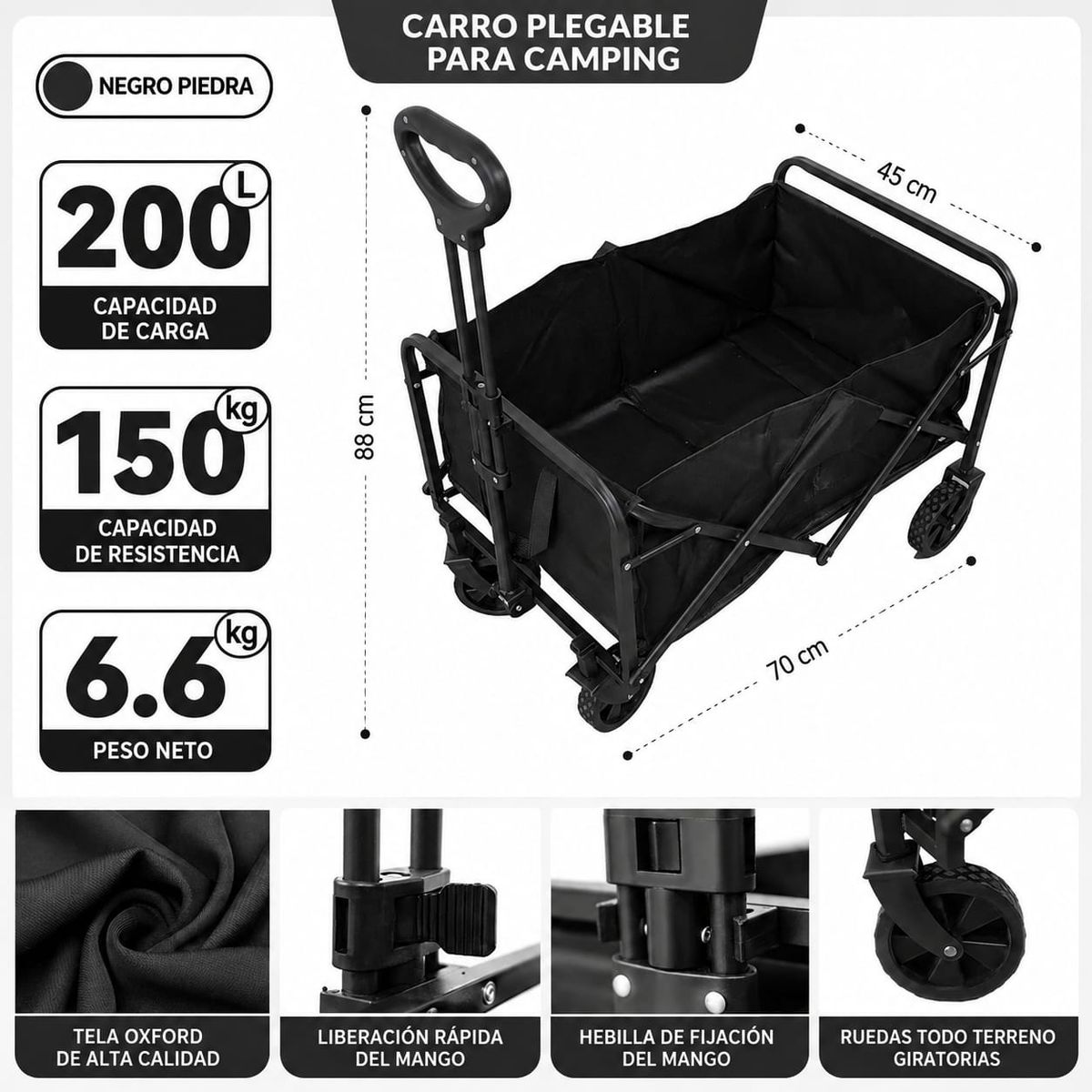 PROTOOL - Carrito Para Mandado Plegable Portátil Carga 150kg Negro