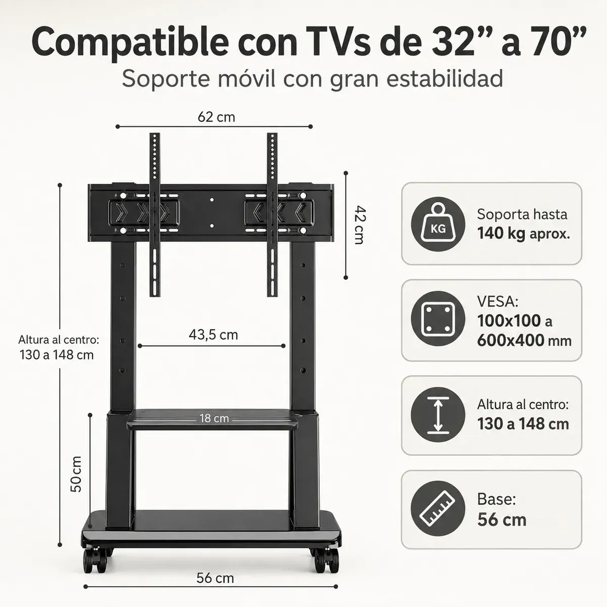 OEM - Soporte de TV móvil con ruedas 32 a 70 Pulgadas