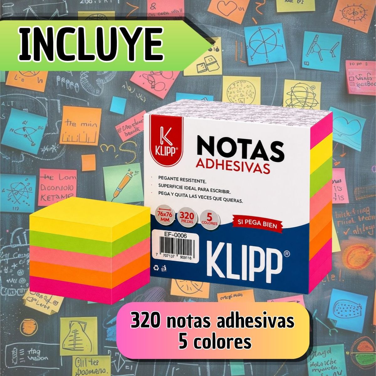 KLIPP - Notas Adhesivas 76x76 mm 320 Hojas 5 Colores