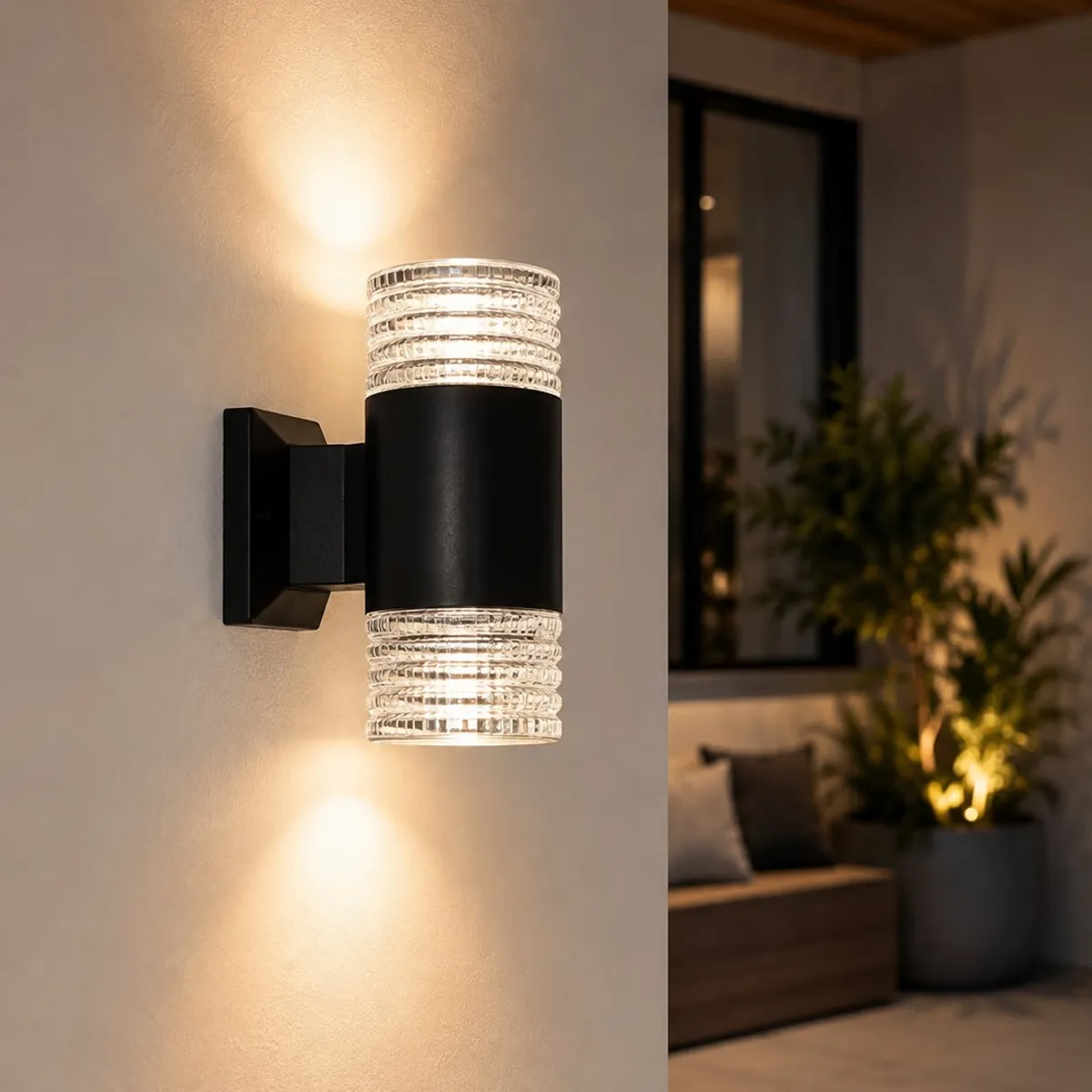 007PLUS - Lámpara De Pared Doble Cilindro Negro Con Vidrio Texturizado