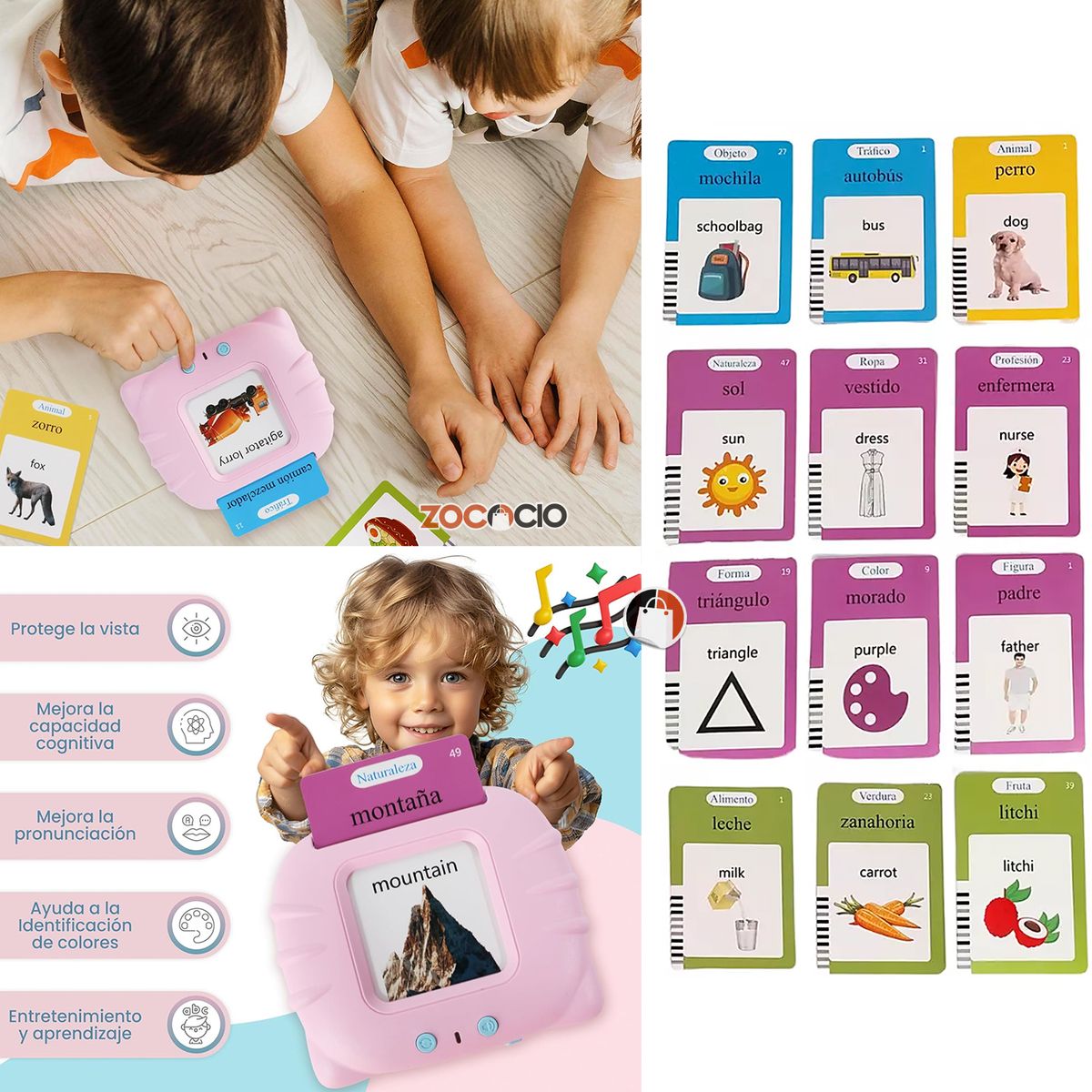 ZOCOCIO - Tarjetas Parlantes Lector Interactivo Educacion De Idioma