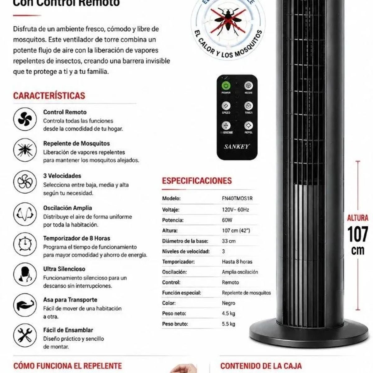 SANKEY - Ventilador de Torre Repelente de Mosquitos  FN40TMOS1R Sankey 42" (107 cm) con Control Remoto