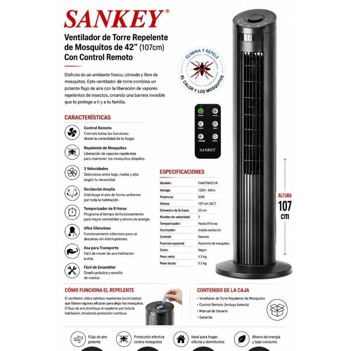 SANKEY - Ventilador de Torre Repelente de Mosquitos  FN40TMOS1R Sankey 42" (107 cm) con Control Remoto