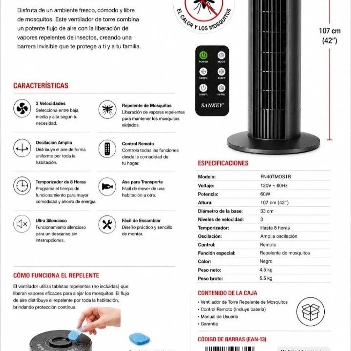 SANKEY - Ventilador de Torre Repelente de Mosquitos  FN40TMOS1R Sankey 42" (107 cm) con Control Remoto