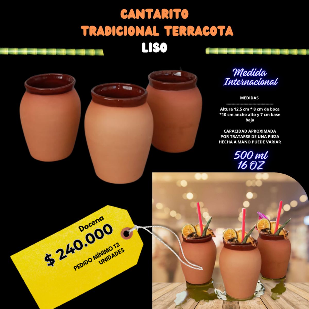 ARTESANAL - CANTARITOS DE BARRO TRADICIONAL TERRACOTA LISOS. Caja por 12 unidades