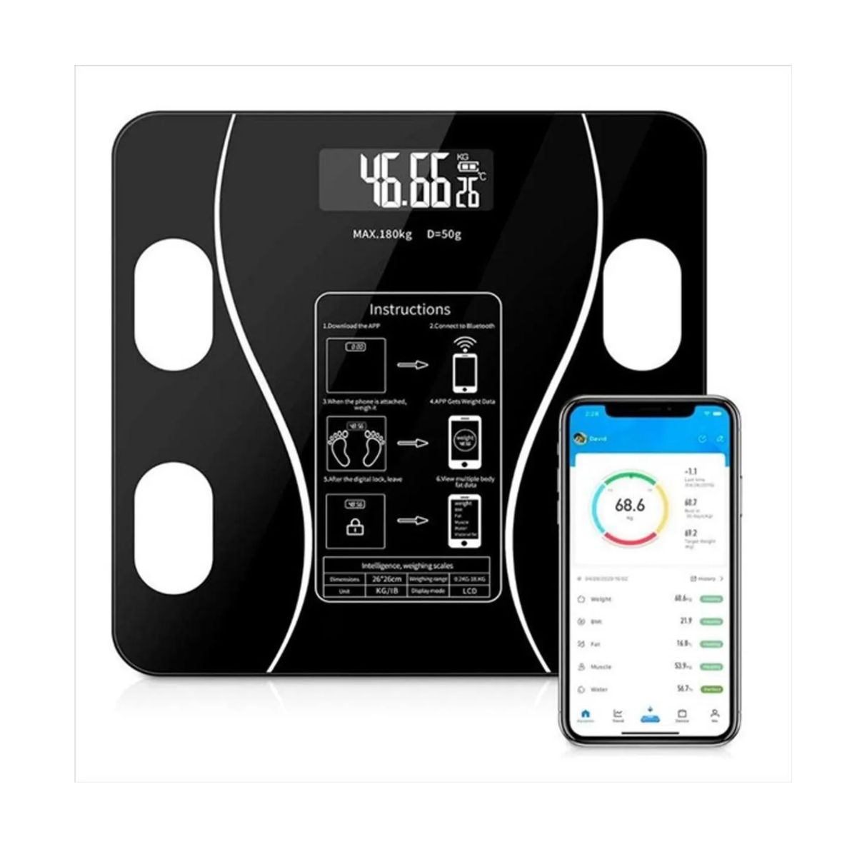 TECNOHOGAR JS - Bascula Inteligente Bluetooth Digital Vidrio Templado