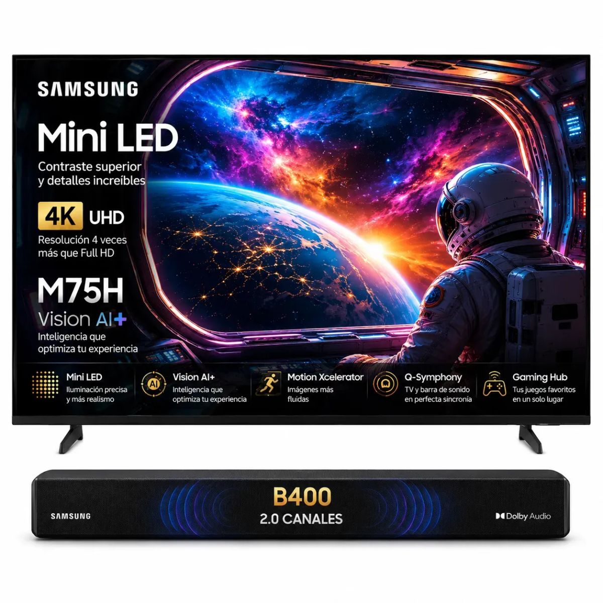 SAMSUNG - Combo Televisor Samsung 50 Pulgadas 4k Mini Led UN50M75HAKXZ Vision IA+ Barra de Sonido b400f