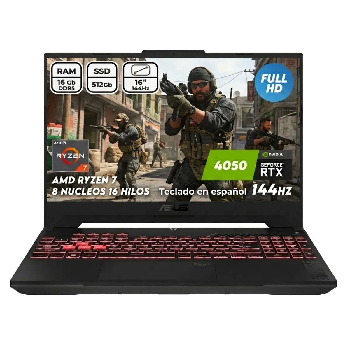 ASUS - Portátil Gamer Asus Tuf A16 R7 Ram 16gb Ddr5 Ssd 512gb Rtx4050 + Kaspersky Tecla Ñ Computador