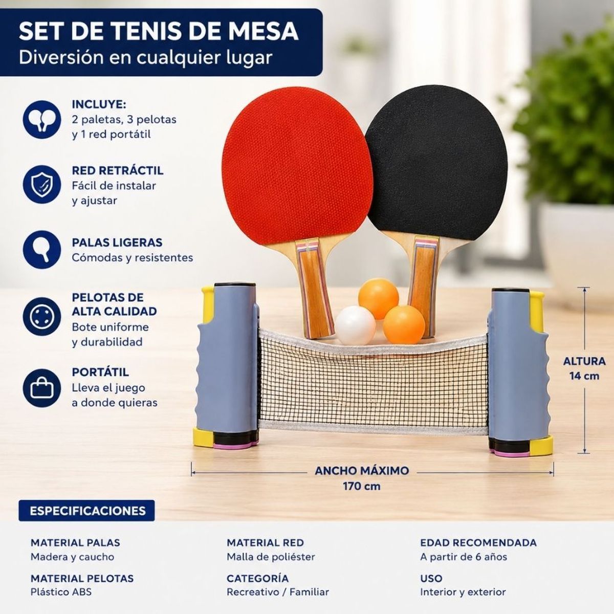 GENERICO - Set De Tenis De Mesa Portátil Rojo Con 2 Paletas Y 3 Pelotas