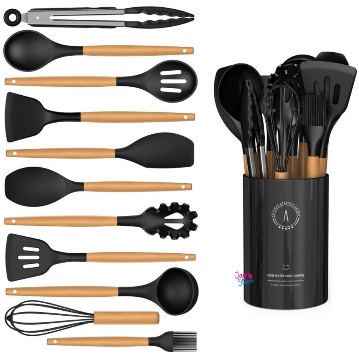 CHINA - Set De Utensilios Para Cocina X12 Silicona Antiadherente Resistente Al Calor Con Mango De Madera
