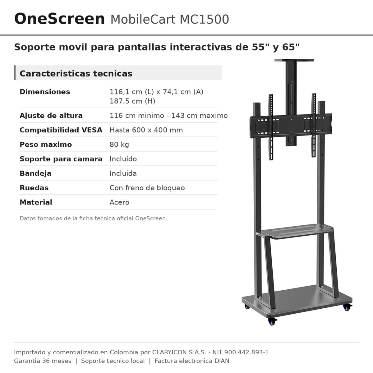 ONESCREEN - Soporte Movil OneScreen MC1500 con Altura Ajustable para Pantallas de 55 y 65 Pulgadas