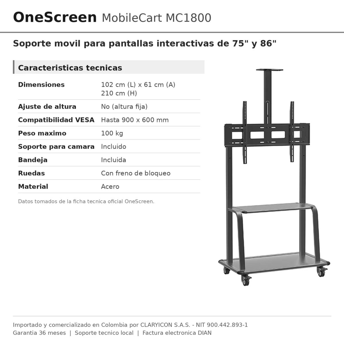 ONESCREEN - Soporte Movil OneScreen MC1800 para Pantallas de 75 y 86 Pulgadas