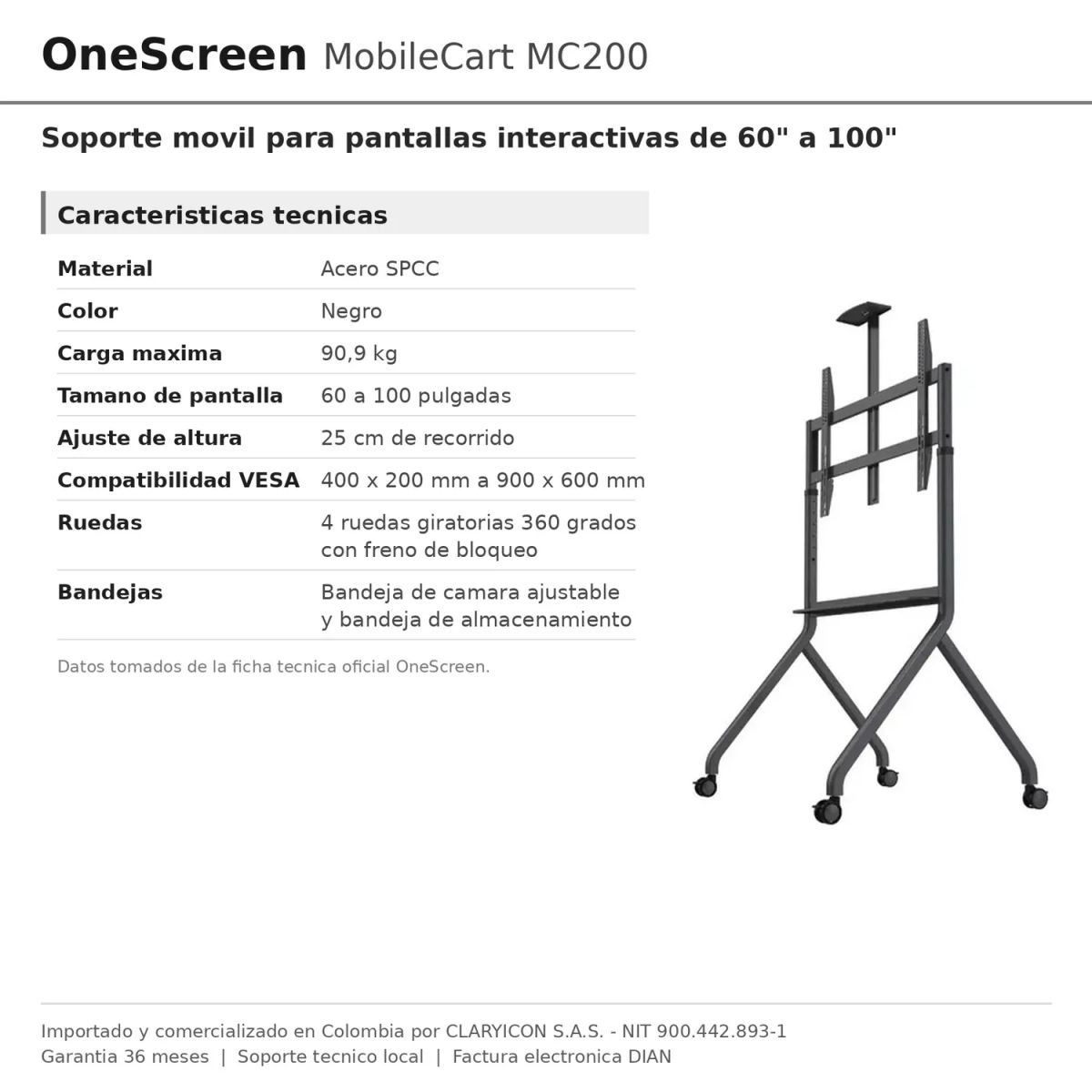 ONESCREEN - Soporte Movil OneScreen MC200 para Pantallas de 60 a 100 Pulgadas