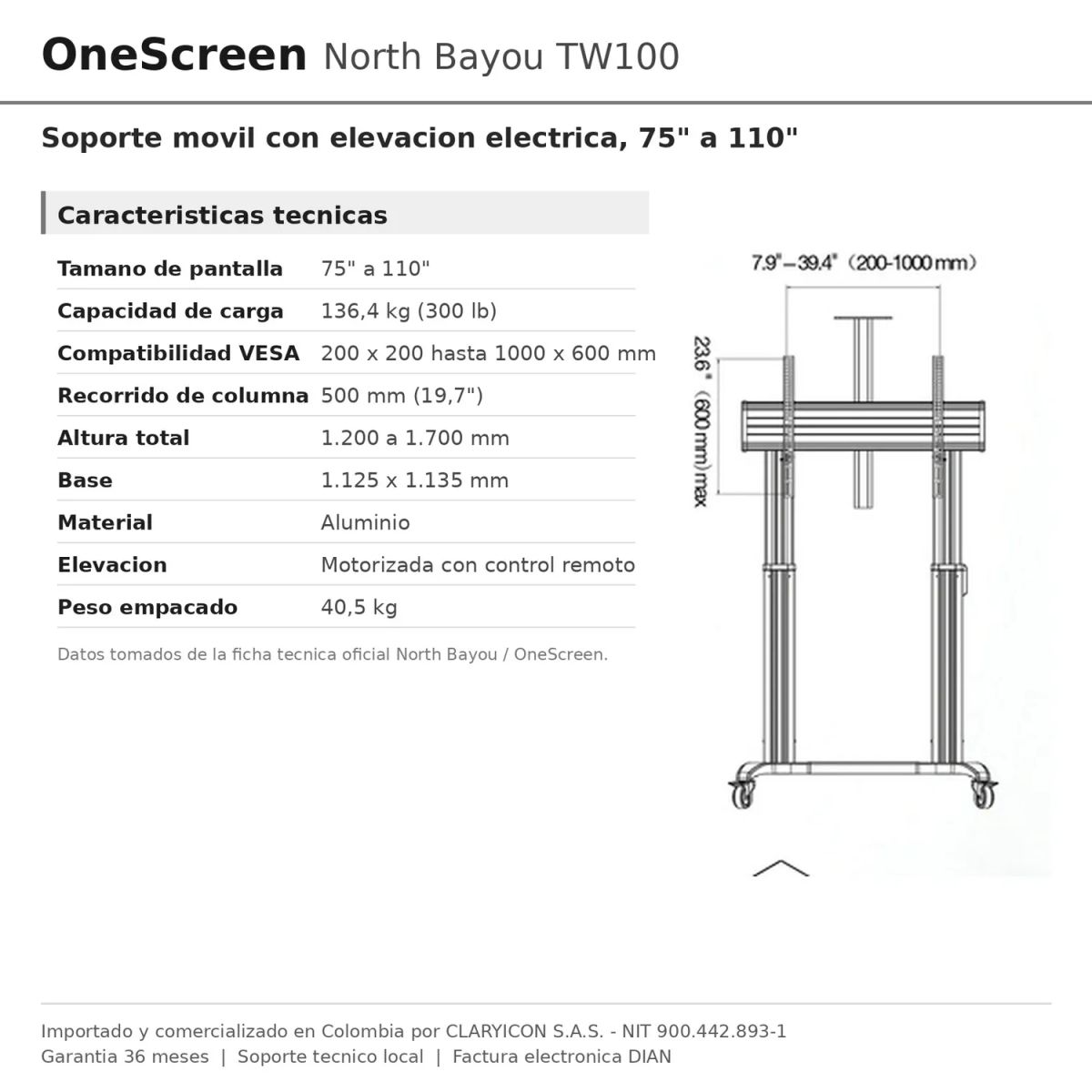 ONESCREEN - Soporte Movil Electrico OneScreen North Bayou TW100 Altura Ajustable hasta 110 Pulgadas