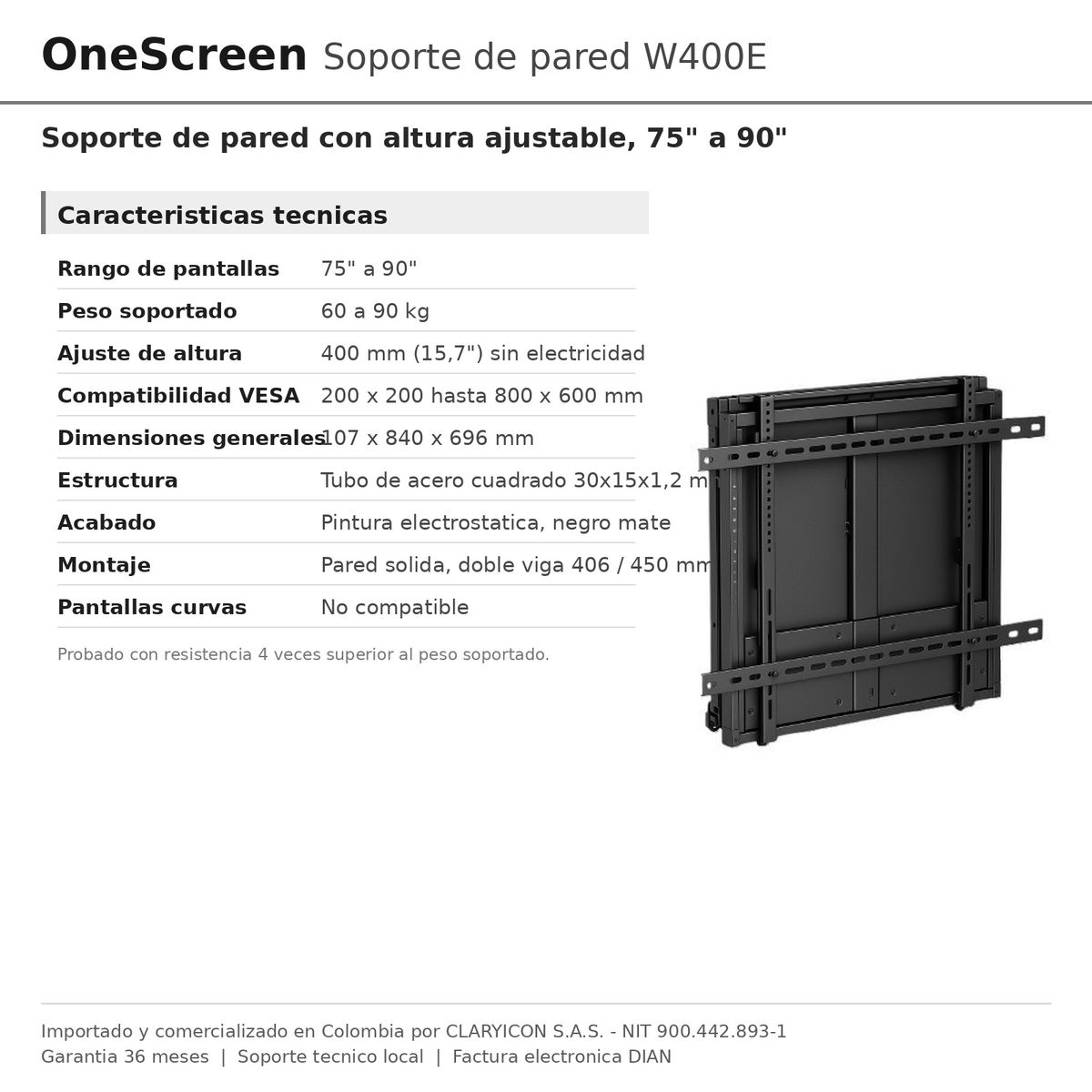 ONESCREEN - Soporte de Pared OneScreen W400E Altura Ajustable para Pantallas de 75 a 90 Pulgadas