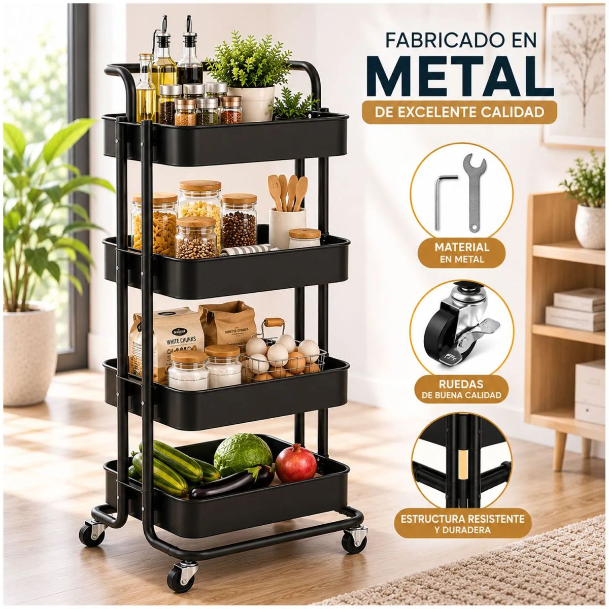 ONE PIXEL - Carrito Auxiliar Organizador 4 Niveles con Ruedas Negro