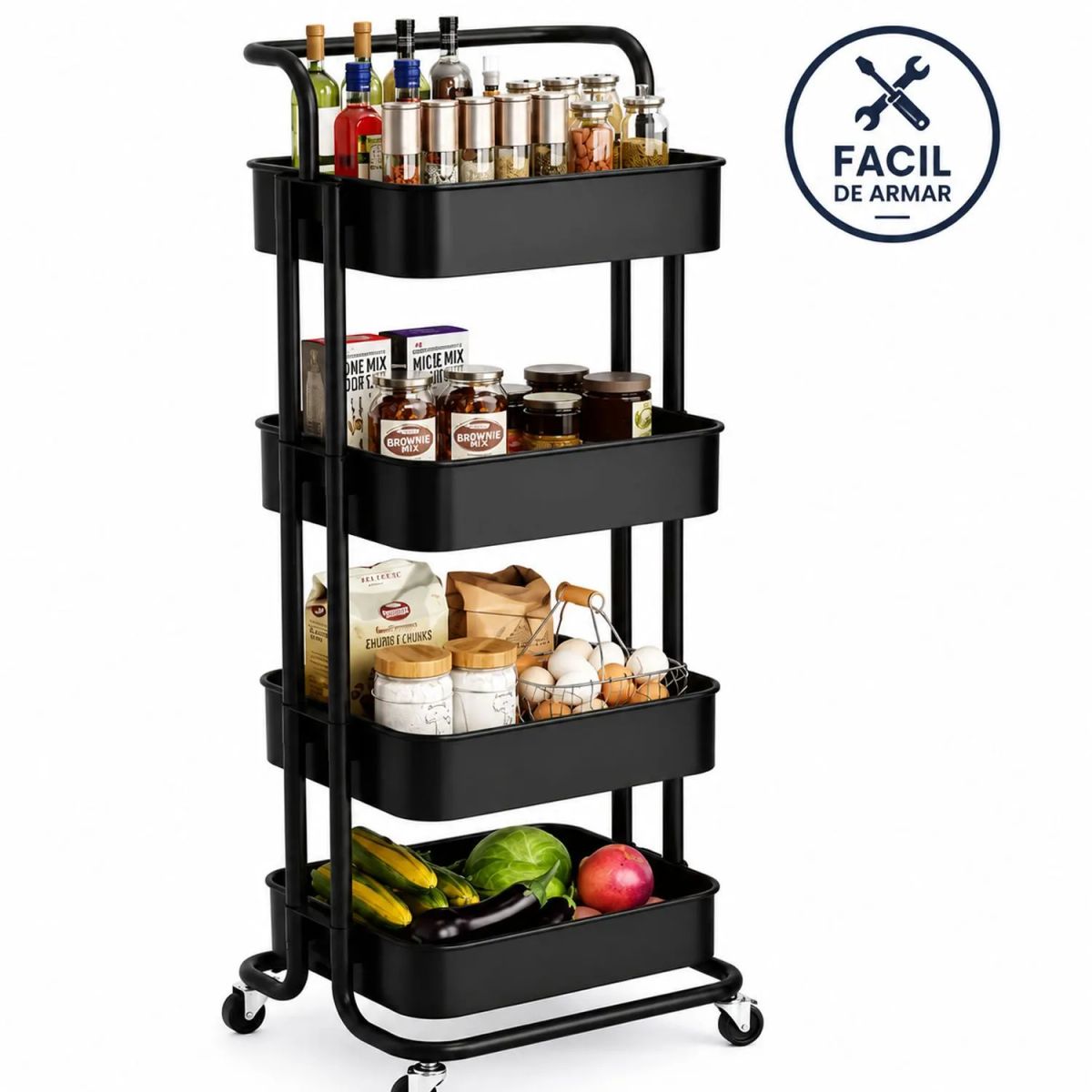 ONE PIXEL - Carrito Auxiliar Organizador 4 Niveles con Ruedas Negro