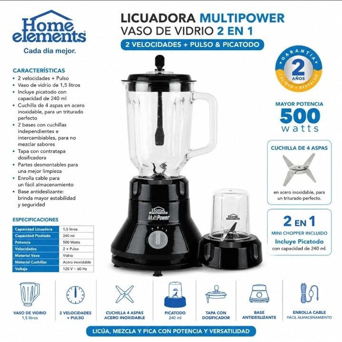 HOME ELEMENTS - Licuadora Home Elements MultiPower 2 en 1 con  Vaso de Vidrio 1,5 lts