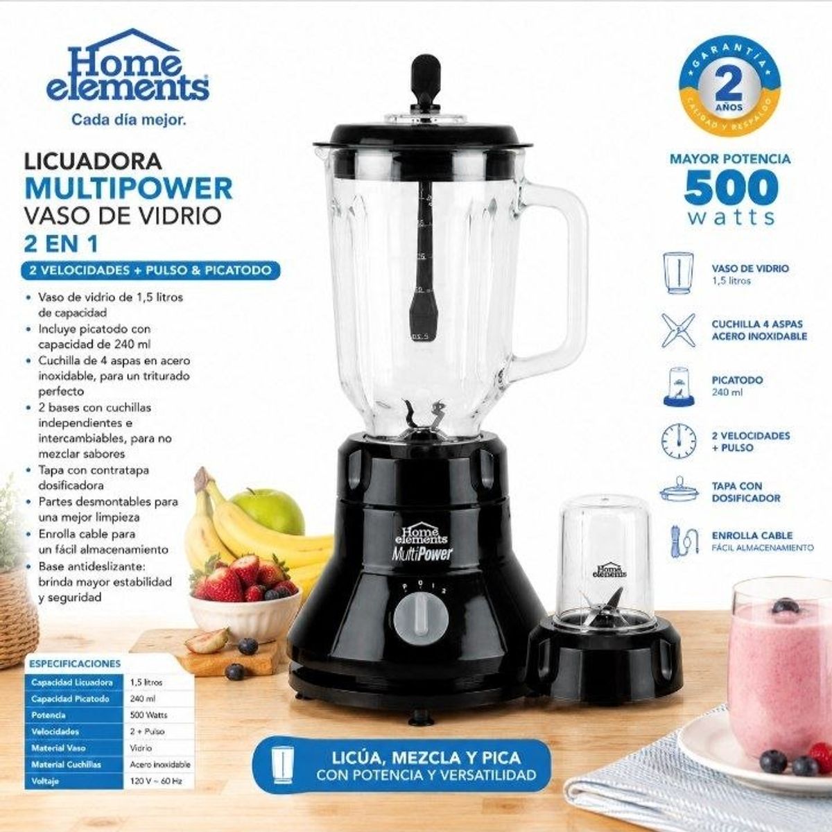 HOME ELEMENTS - Licuadora Home Elements MultiPower 2 en 1 con  Vaso de Vidrio 1,5 lts