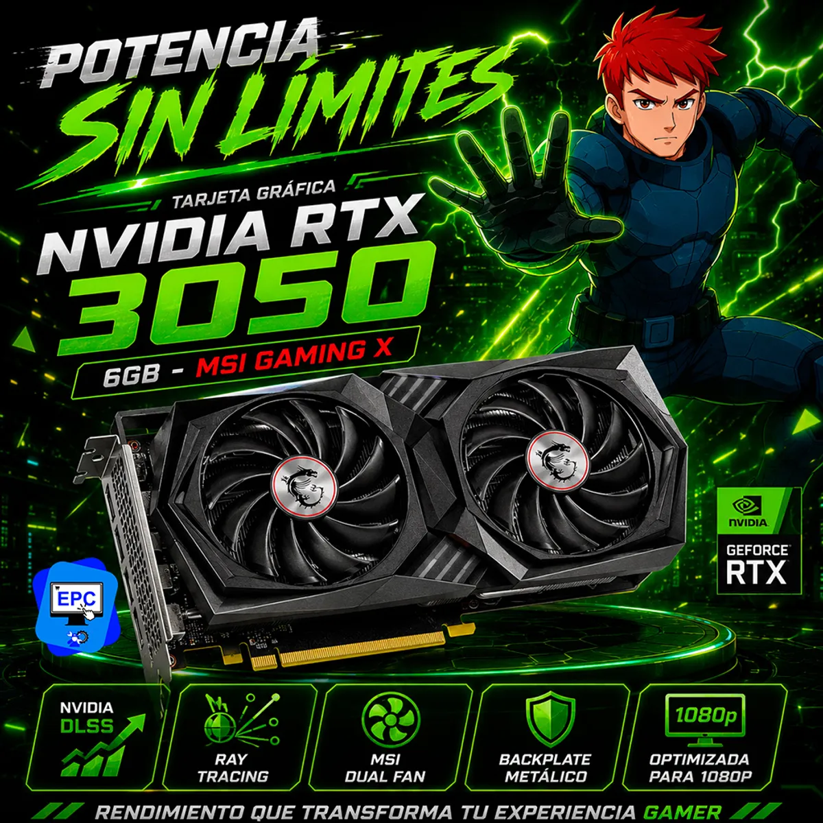 MSI - Tarjeta Gráfica NVIDIA RTX 3050 - 6GB - GDDR6 - MSI GAMING X DUAL FAN