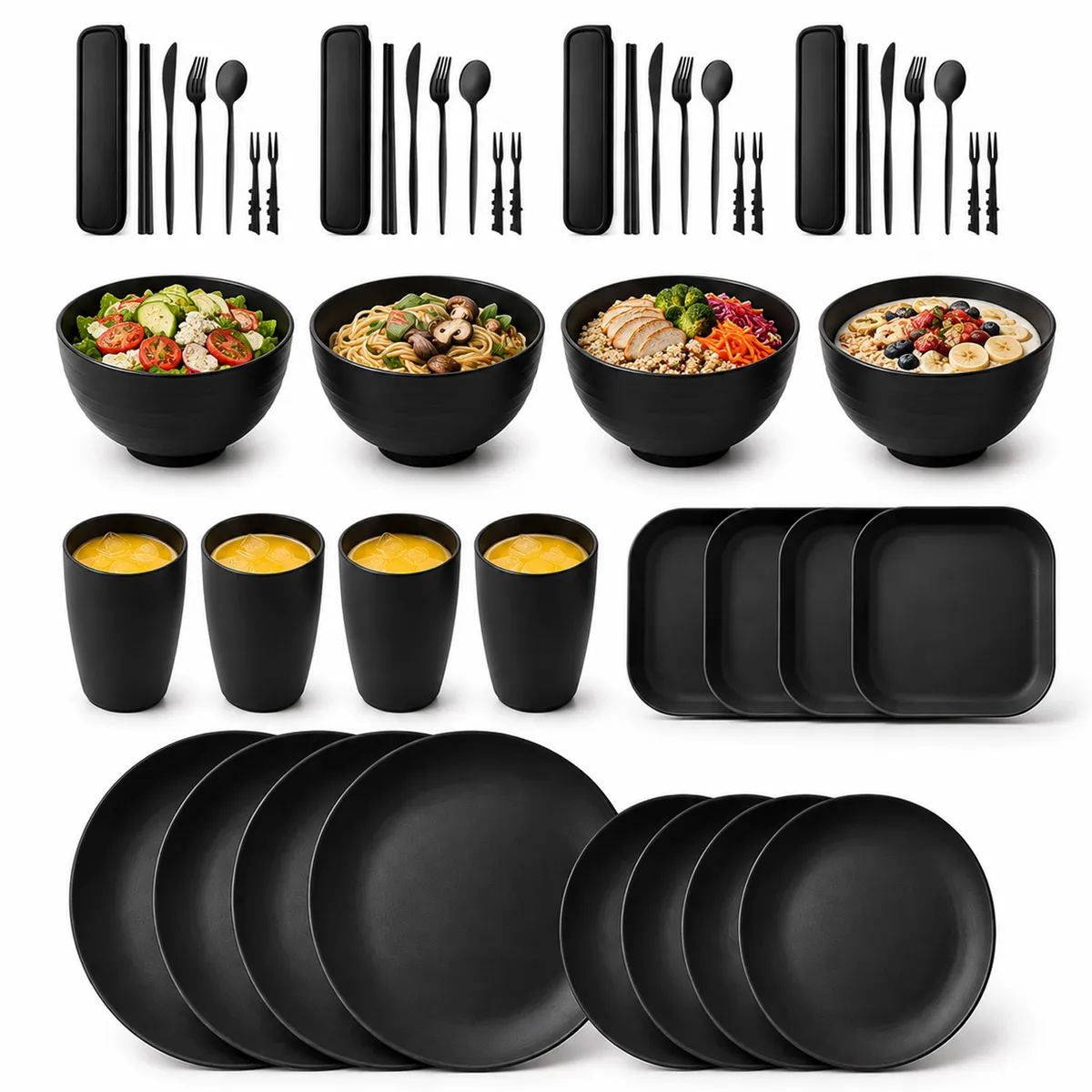 ONE PIXEL - Set Vajilla De Platos Elegantes Minimalistas En Negro 48 Piezas Paja De Trigo