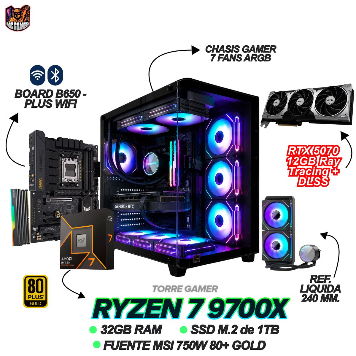 AMD - TORRE GAMER RYZEN 7 9700X - RTX 5070 12GB - 32GB RAM - 1TB SSD M.2 - TUF B650-PLUS WIFI - 750W GOLD