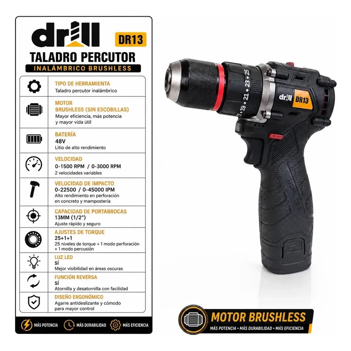PROTOOL - Combo Taladro +  Atornillador De Impacto Drill Brushless 2 Baterías 48V