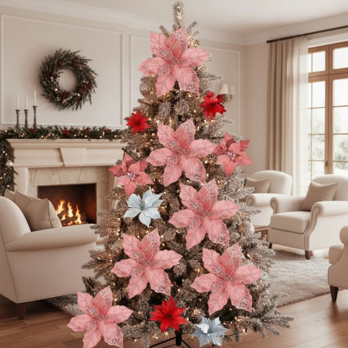 IKSA - Flores De Navidad Para Árbol Y Decoración X 12 Unidades De 32 Cm Color Rosa