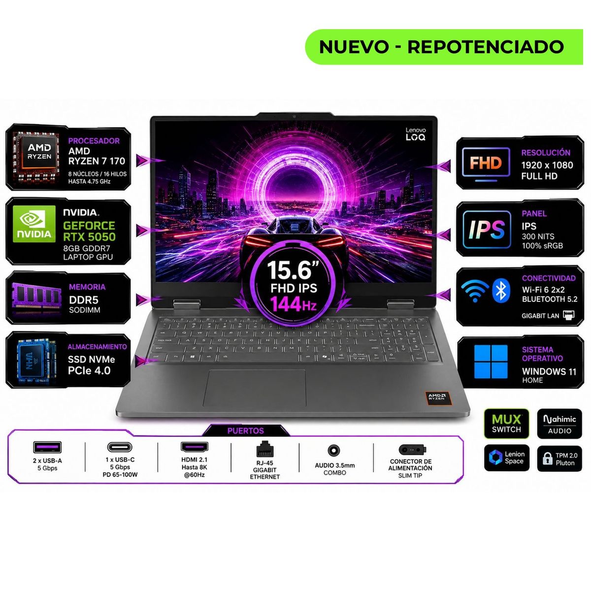 Lenovo - Portátil Gamer Lenovo LOQ 15ARP11 AMD Ryzen 7 170 RAM 32GB SSD 4 TB RTX 5050 8 GB 144Hz
