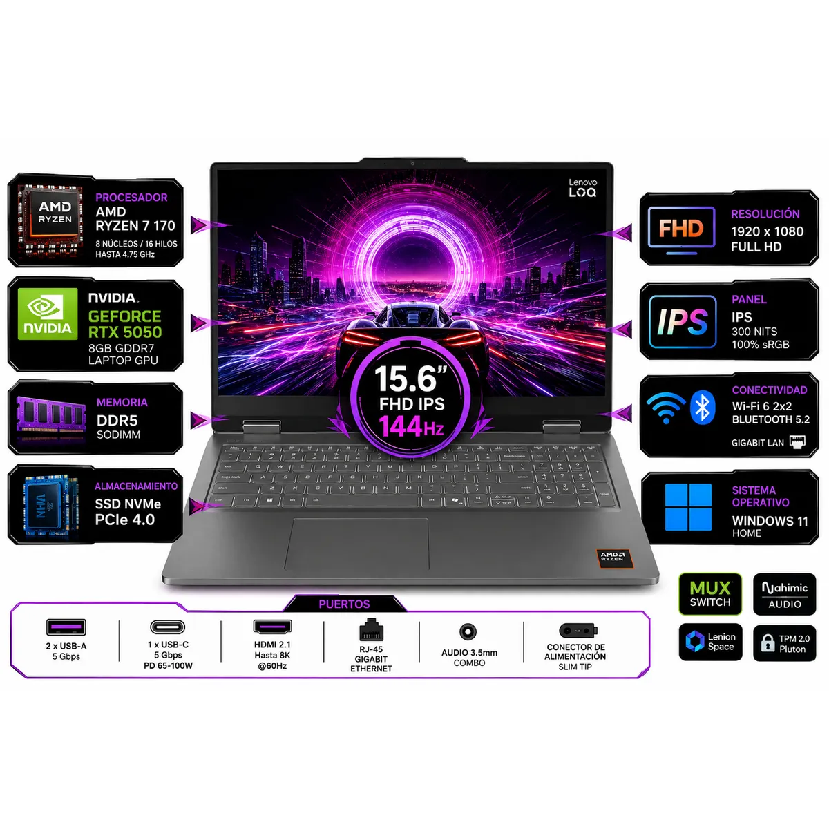 Lenovo - Portátil Gamer Lenovo LOQ 15ARP11 AMD Ryzen 7 170 RAM 64GB SSD 4 TB RTX 5050 8 GB 144Hz