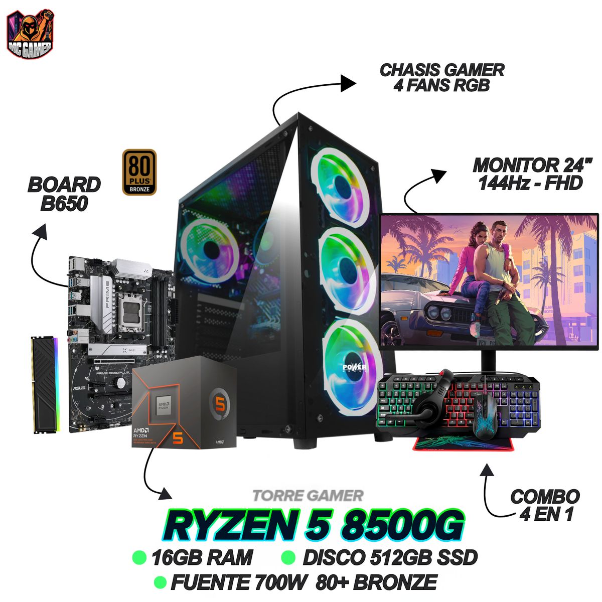 AMD - PC GAMING READY - RYZEN 5 8500G - 16GB RAM - 512GB SSD - MONITOR 24 144Hz + WINDOWS 11