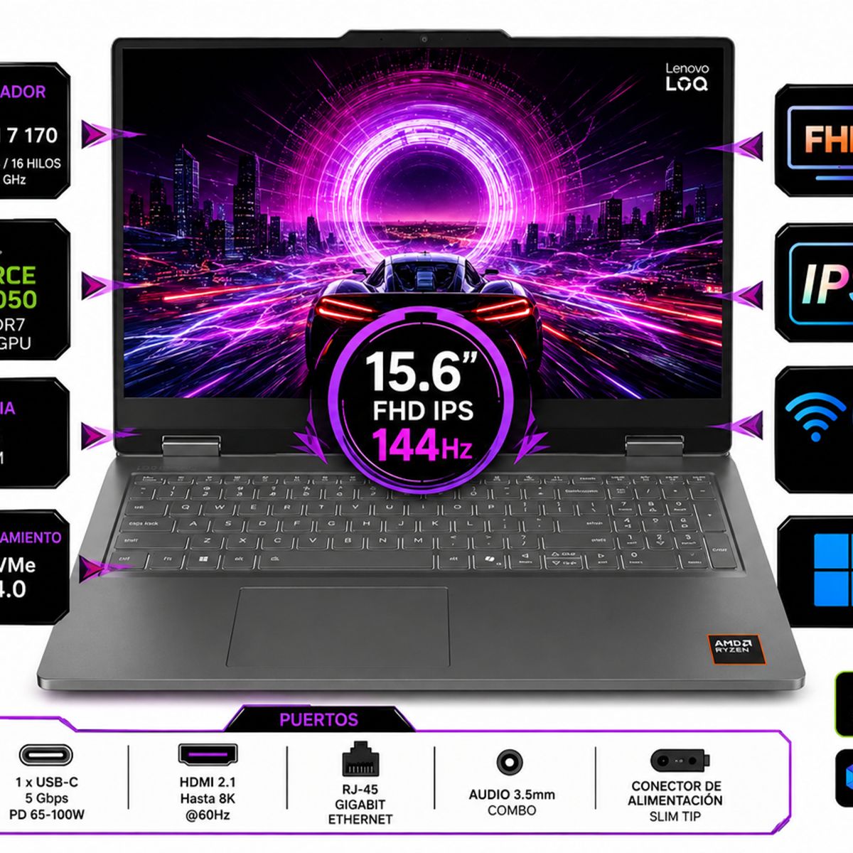 Lenovo - Portátil Gamer Lenovo LOQ 15ARP11 AMD Ryzen 7 170 RAM 48GB SSD 1 TB RTX 5050 8 GB 144Hz