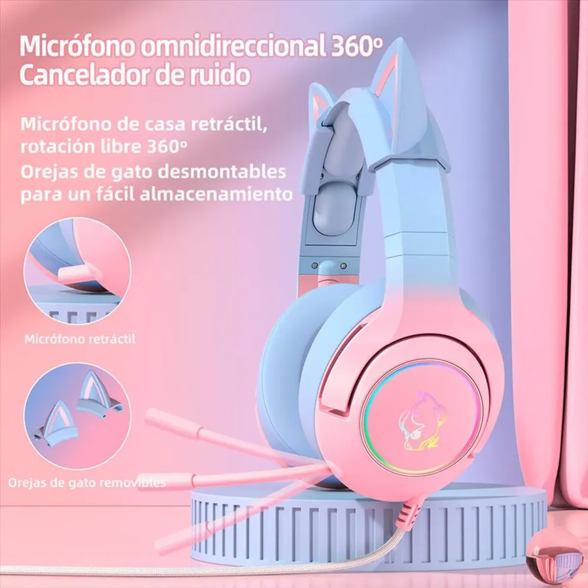 ONIKUMA - Diadema Gamer Onikuma K9 Rosa Azul Gradiente Rgb Multiplataforma
