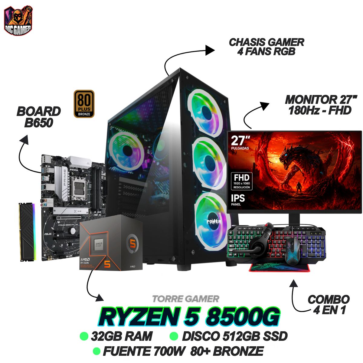 AMD - PC GAMING READY - RYZEN 5 8500G - 32GB RAM - 512GB SSD - MONITOR 27 180Hz + WINDOWS 11