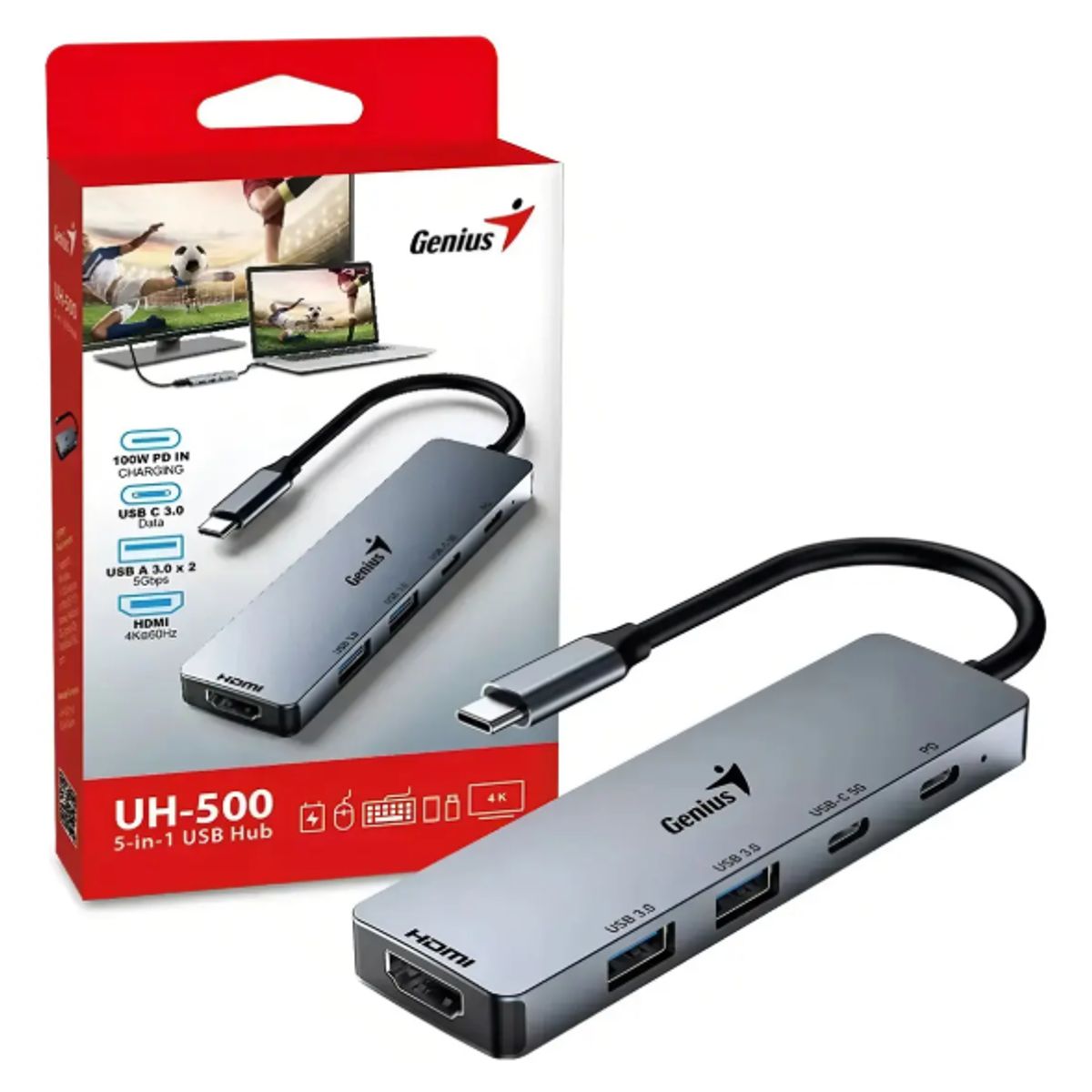GENIUS - Hub USB-C Genius UH-500 5 en 1 Gris HDMI 4K USB 3.0 PD Thunderbolt