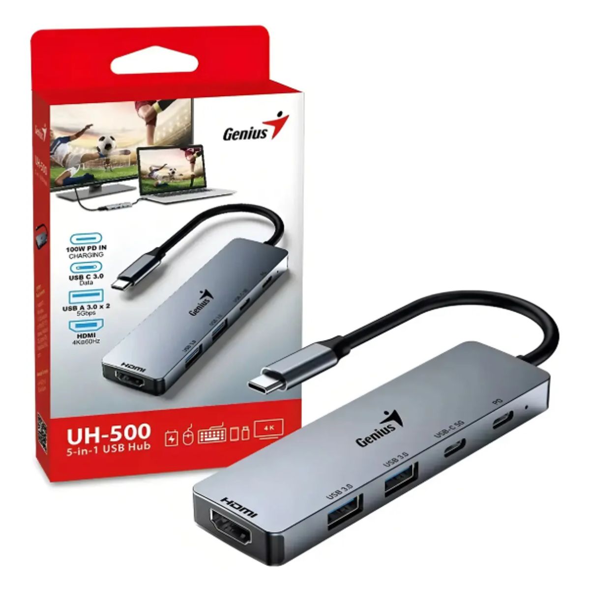 GENIUS - Hub USB-C Genius UH-500 5 en 1 Gris HDMI 4K USB 3.0 PD Thunderbolt