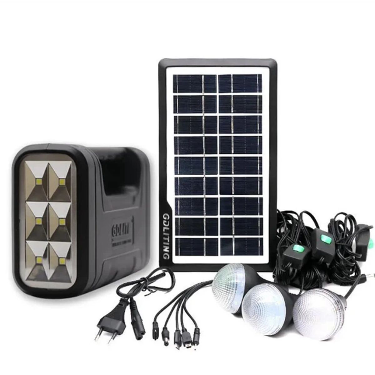 GDLITE - Kit Panel Solar+4 Bombillos/Batería/Linterna/Carga Celulares