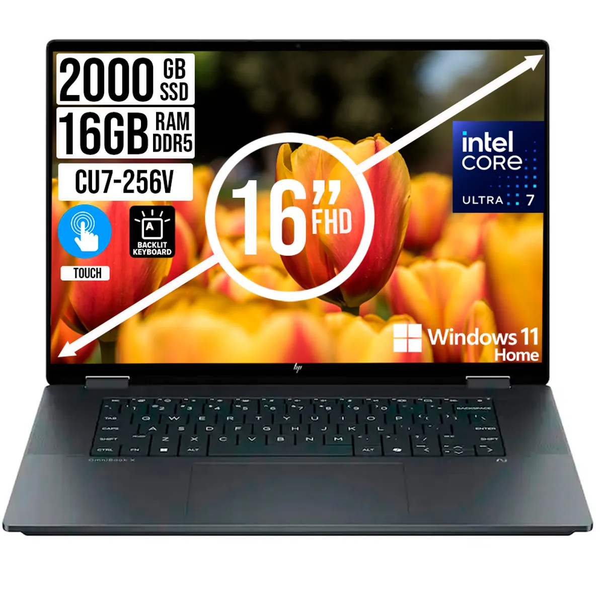 HP - Portatil Hp OmniBook Intel Core Ultra 7 256V RAM 16GB SSD 2TB 2K 16" W11H 2 En 1 Touch