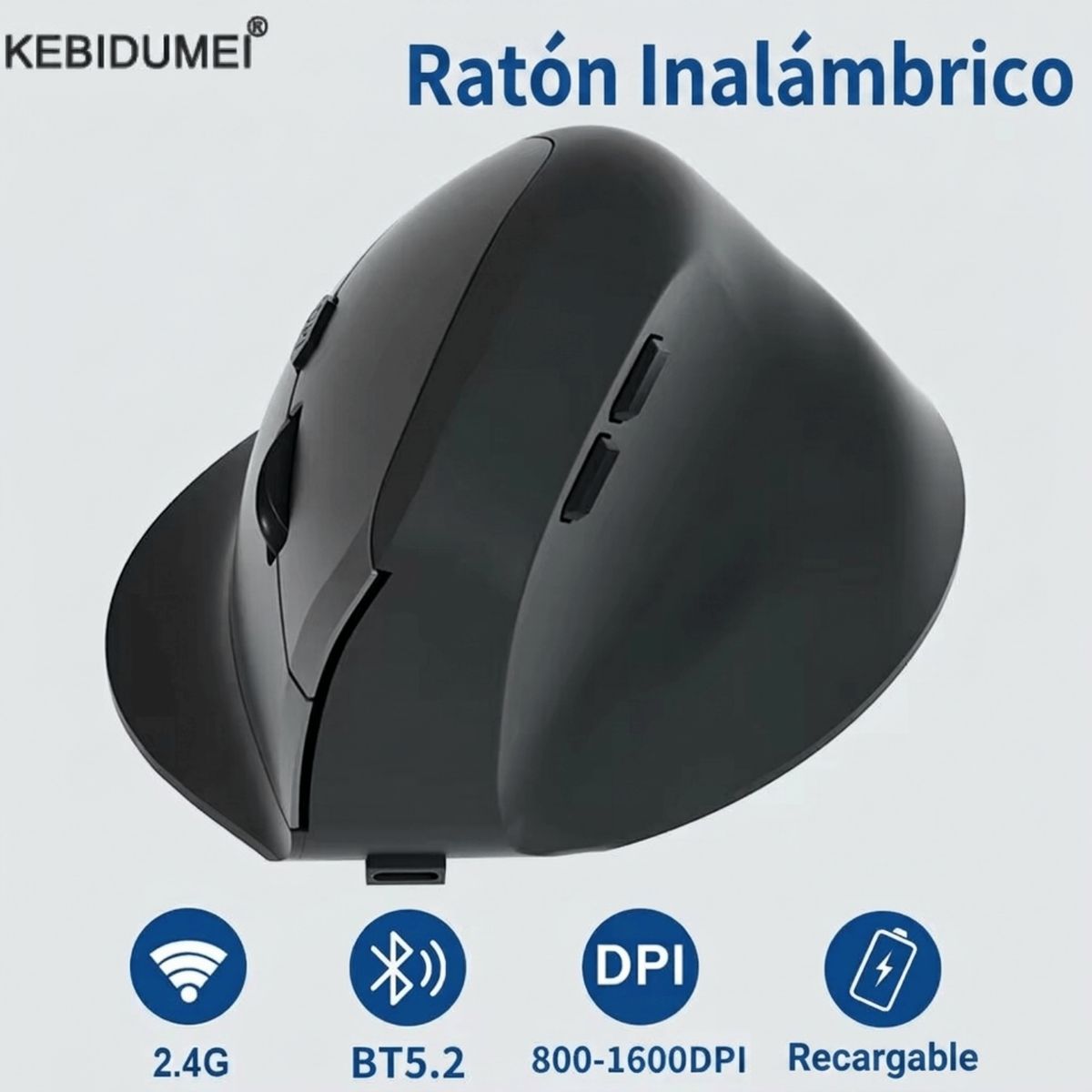 ZELOTES - Mouse Vertical Inalambrico Ergonomico Recargable Bluetooth 1600 Dpi 5 Botones
