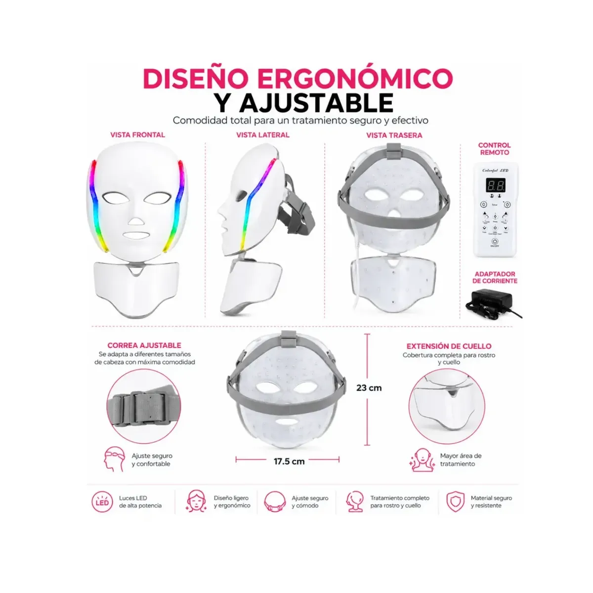 TECNOHOGAR JS - Mascara Led Facial Hyiear 7 Colores Rejuvenecimiento 192 Led